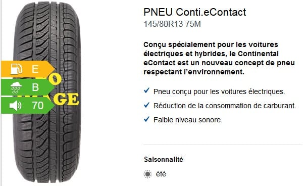 Exemple de pneu pour voiture électrique :  Continental eContact 145/80R13 75M . Source : Vulco